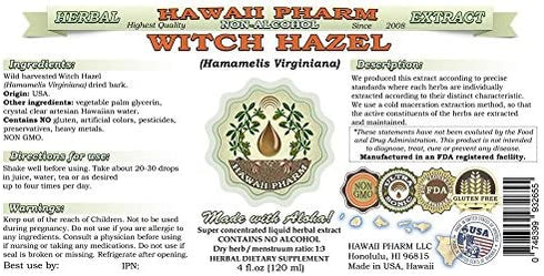 Witch Hazel Alcohol-Free Liquid Extract, Witch Hazel (Hamamelis Virginiana) Dried Leaf Glycerite Natural Herbal Supplement, Hawaii Pharm, USA 2 fl.oz